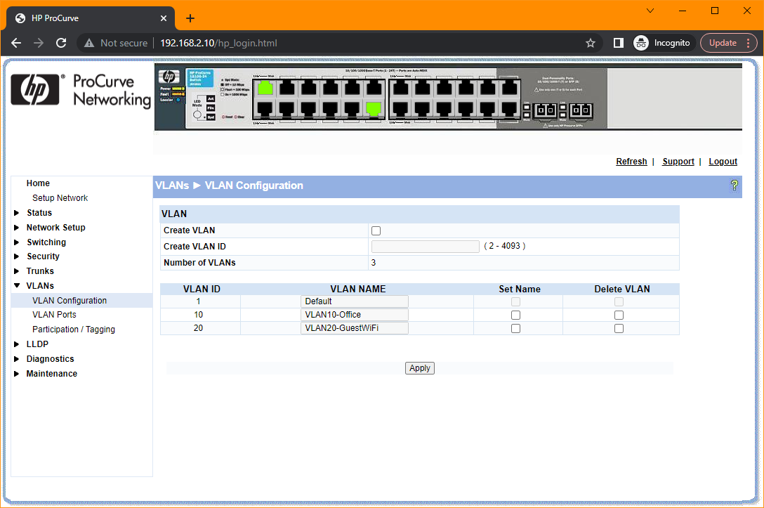 hp procurve vlan port assignment